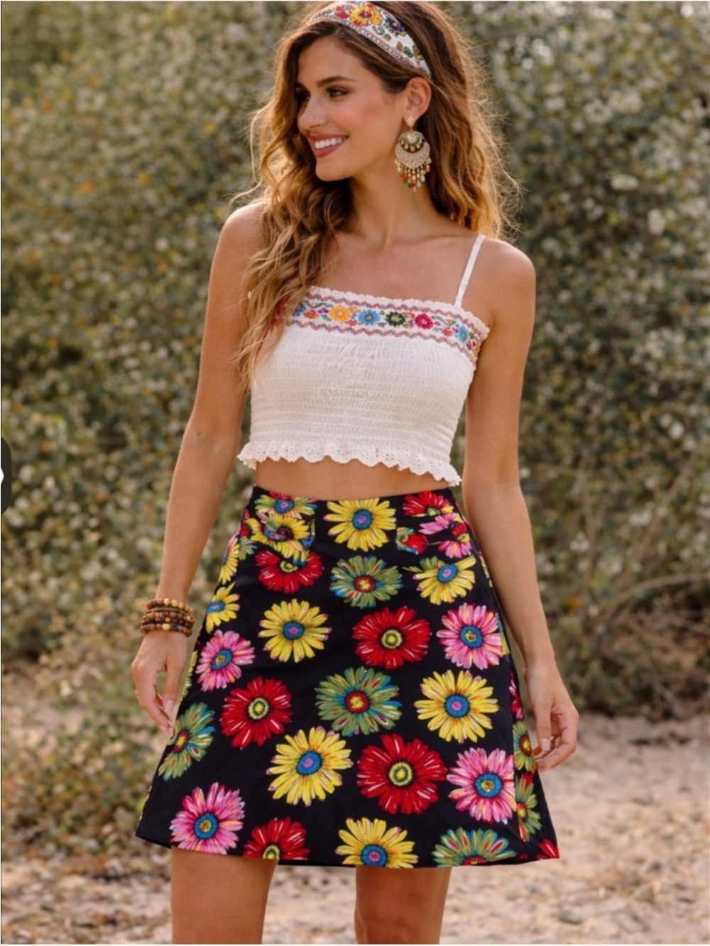 Andrea Viccaro Black Sunflower Print Pencil Skirt - Vibrant Floral Summer Hippie